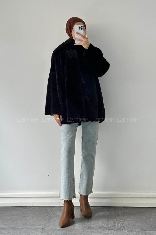 Lamelif Atkılı Peluş Mont Siyah