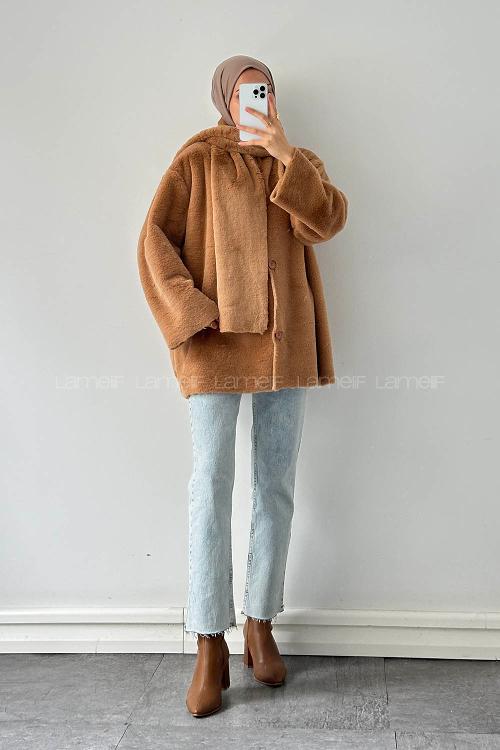 Lamelif Atkılı Peluş Mont Sütlü Kahve