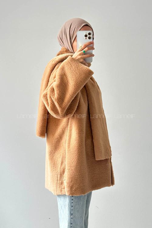 Lamelif Atkılı Peluş Mont Sütlü Kahve