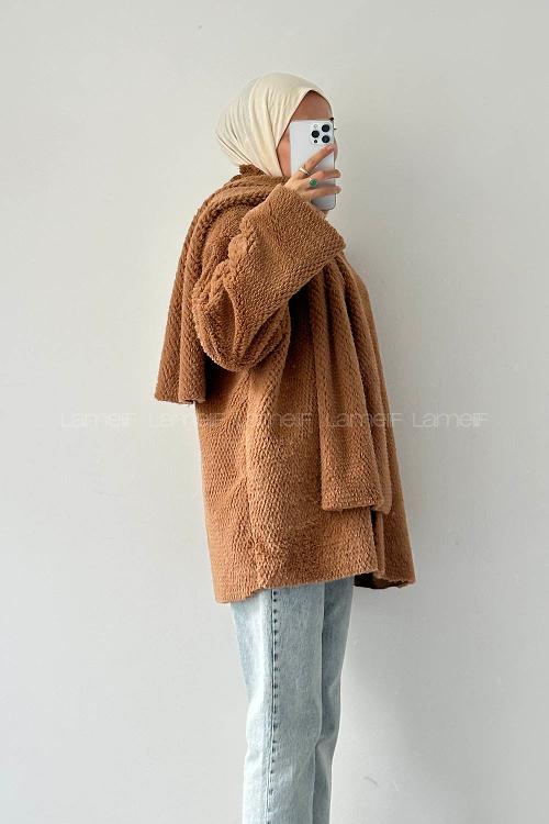 Lamelif Atkılı Peluş Mont Sütlü Kahve