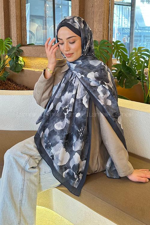 Lamelif Batik Çiçek Desen Bambu Şal Antrasit