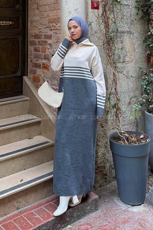 Lamelif Boğazlı Çizgi Detaylı Triko Elbise Antrasit