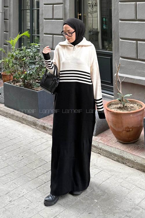 Lamelif Boğazlı Çizgi Detaylı Triko Elbise Siyah