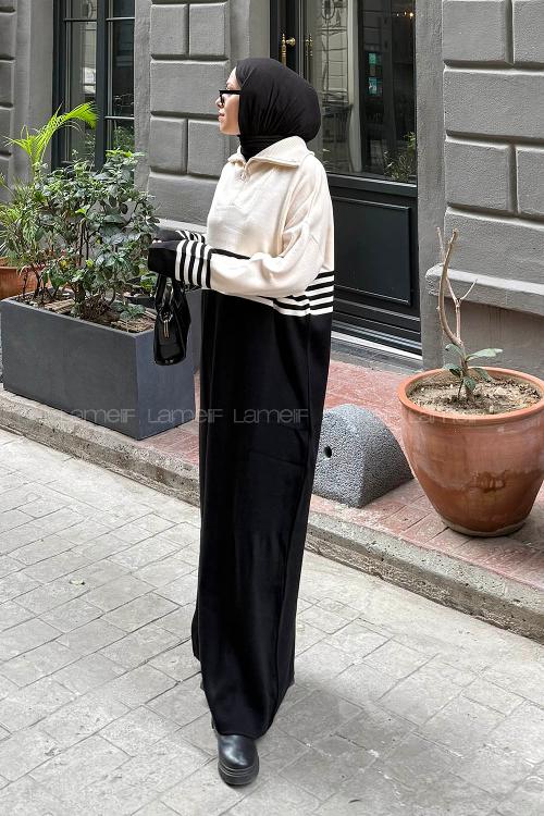 Lamelif Boğazlı Çizgi Detaylı Triko Elbise Siyah