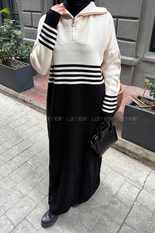 Lamelif Boğazlı Çizgi Detaylı Triko Elbise Siyah