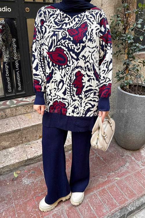 Lamelif Desenli Triko Takım Lacivert