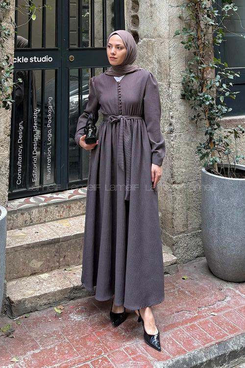 Lamelif Düğme Detaylı Tesettür Elbise Vizonrengi