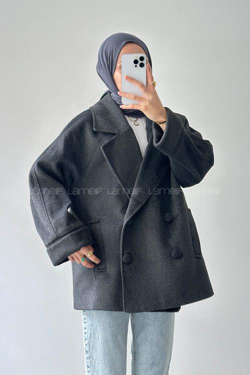 Lamelif Düğmeli Kruvaze Kaban Antrasit