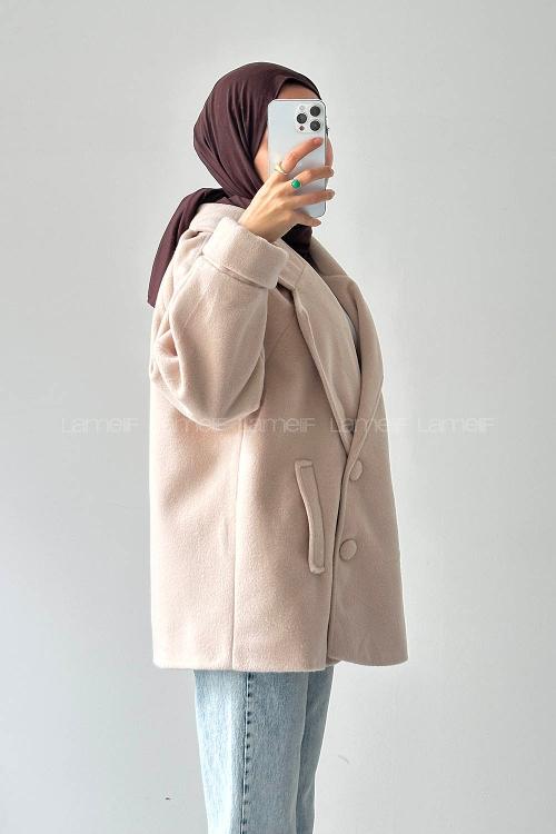 Lamelif Düğmeli Kruvaze Kaban Bej
