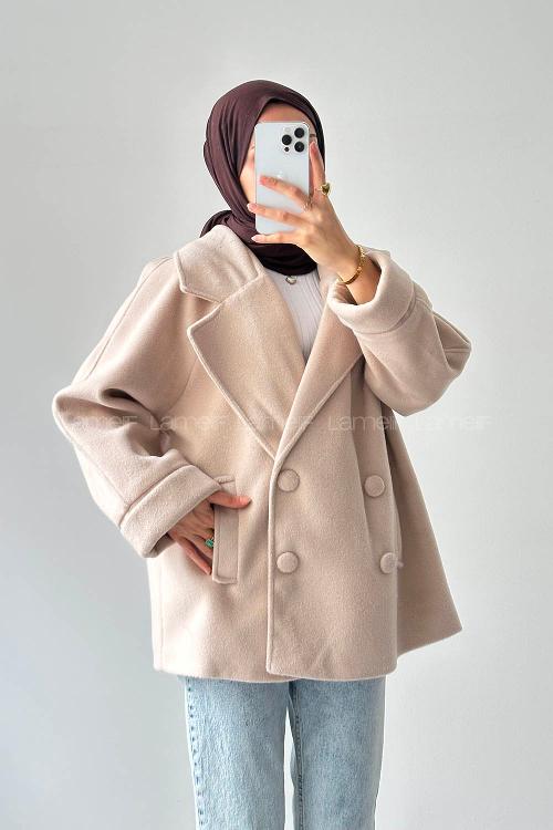 Lamelif Düğmeli Kruvaze Kaban Bej