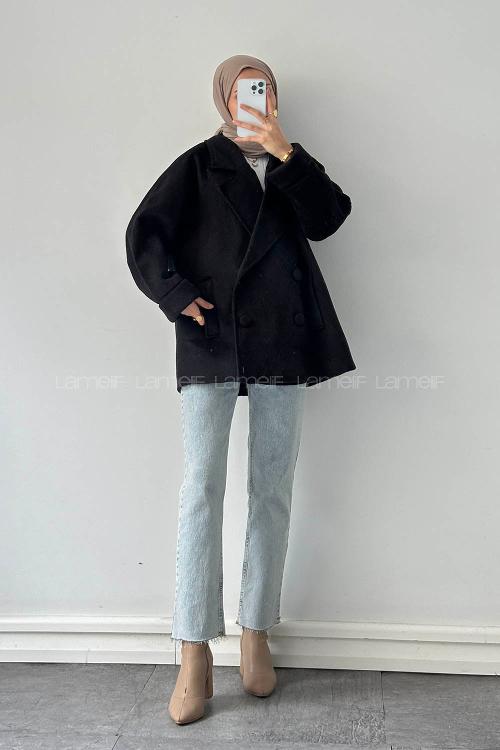 Lamelif Düğmeli Kruvaze Kaban Siyah