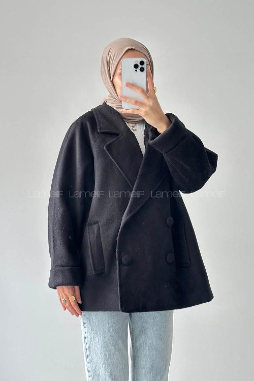 Lamelif Düğmeli Kruvaze Kaban Siyah
