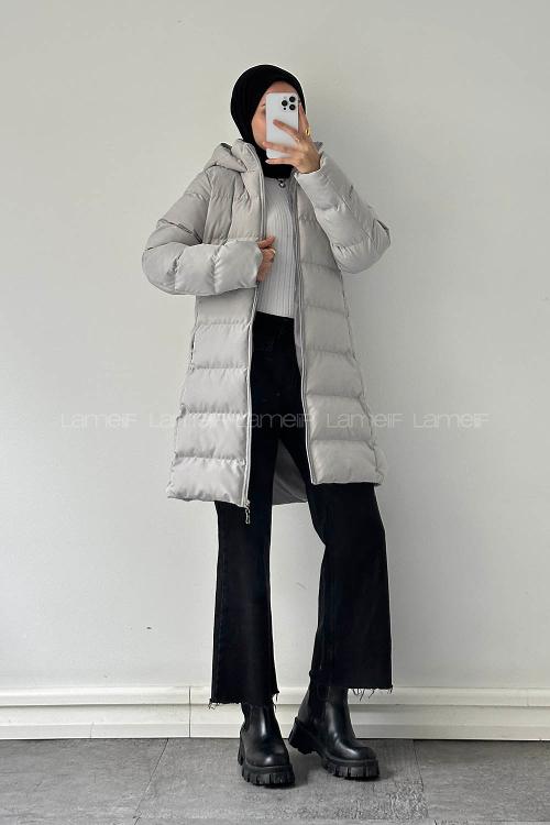 Lamelif Fermuarlı Şişme Mont Gri