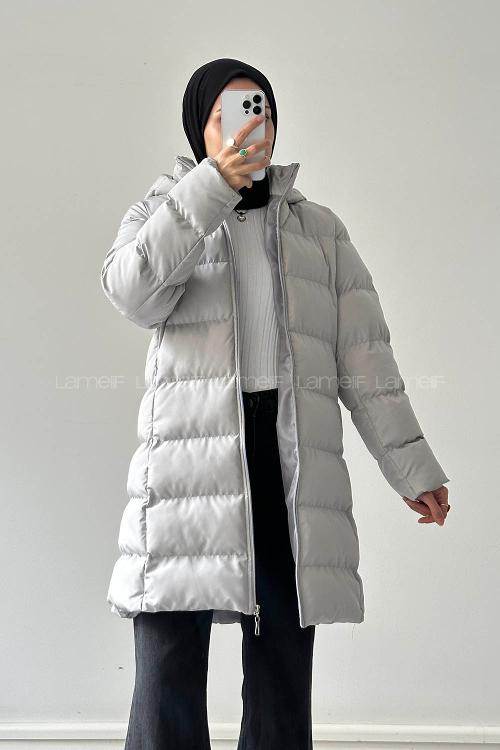 Lamelif Fermuarlı Şişme Mont Gri