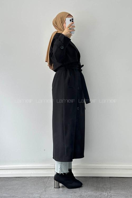 Lamelif Fleto Cep Omuz Apoletli Trençkot Siyah