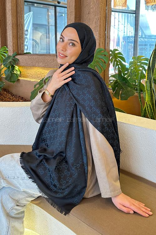 Lamelif G Desen Kaşmir Çift Taraflı Şal Lacivert Mavi