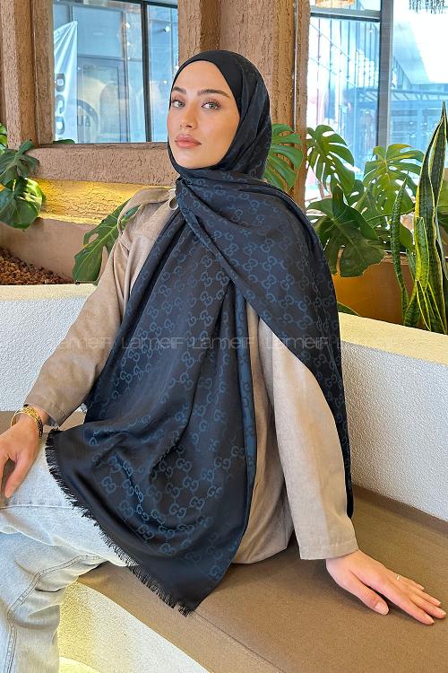 Lamelif G Desen Kaşmir Çift Taraflı Şal Lacivert Mavi