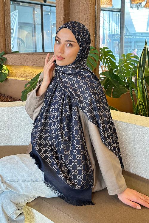 Lamelif G Desen Kaşmir Çift Taraflı Şal Lacivert Taş