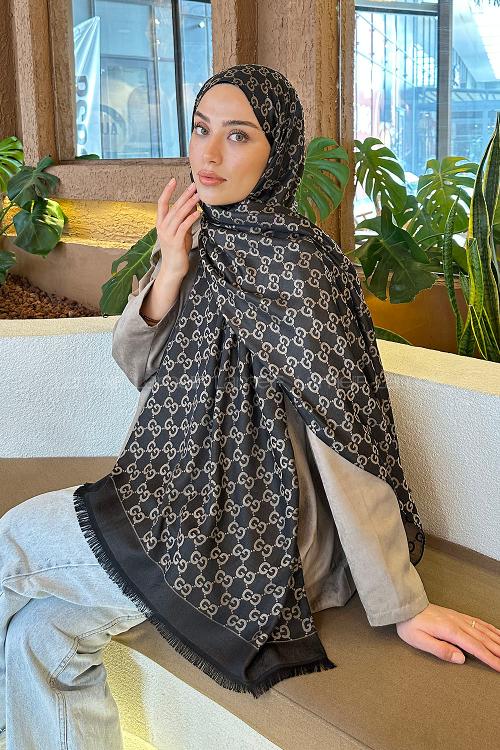 Lamelif G Desen Kaşmir Çift Taraflı Şal Siyah Vizon