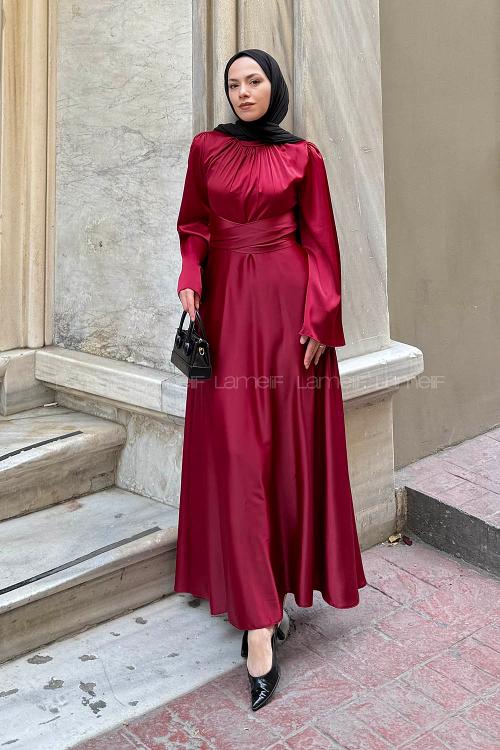 Lamelif İspanyol Kol Saten Elbise Bordo