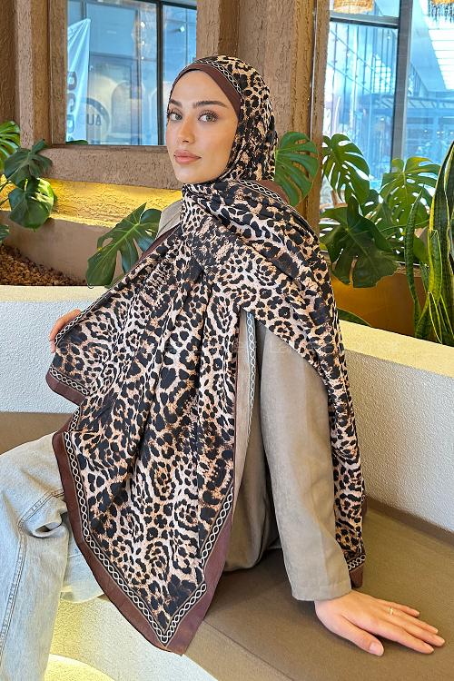 Lamelif Leopar Desen Bambu Şal Kahverengi