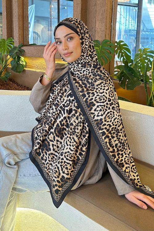 Lamelif Leopar Desen Bambu Şal Siyah Bej