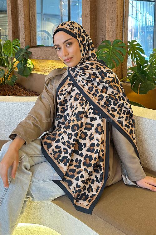 Lamelif Leopar Desen Bambu Şal Siyah Camel