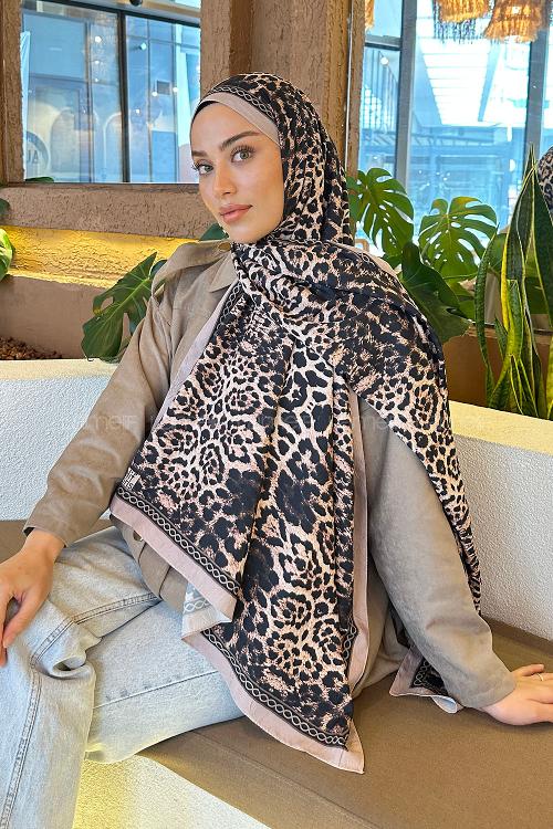 Lamelif Leopar Desen Bambu Şal Vizon