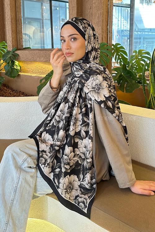 Lamelif Lotus Desen Bambu Şal Siyah Taş