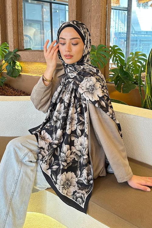 Lamelif Lotus Desen Bambu Şal Siyah Taş