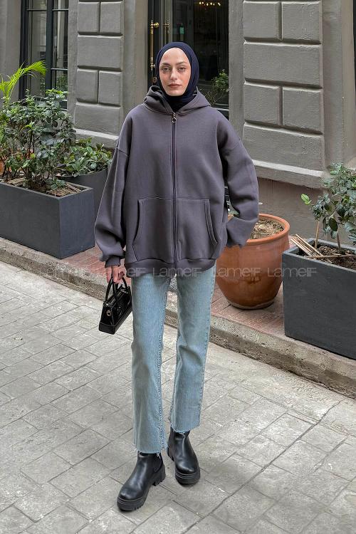 Lamelif Ön Fermuarlı Düz Sweatshirt Antrasit