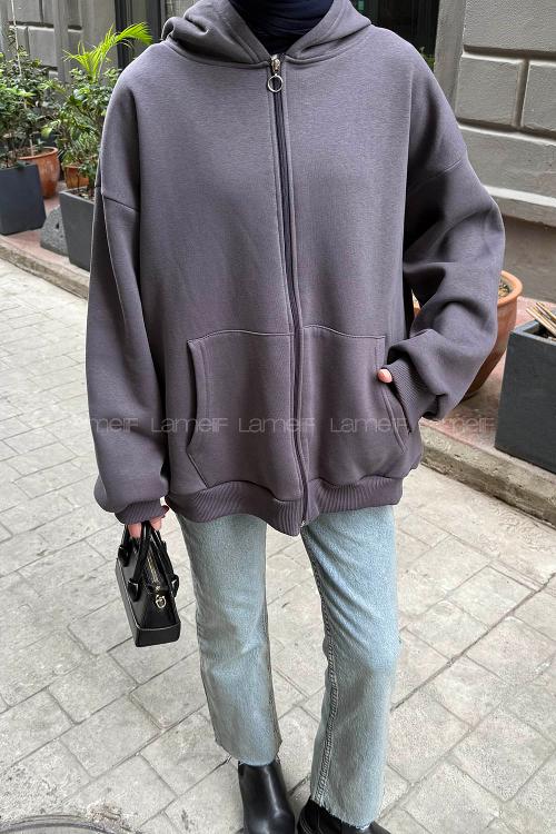 Lamelif Ön Fermuarlı Düz Sweatshirt Antrasit