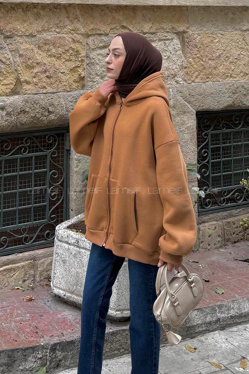 Lamelif Ön Fermuarlı Düz Sweatshirt Camel