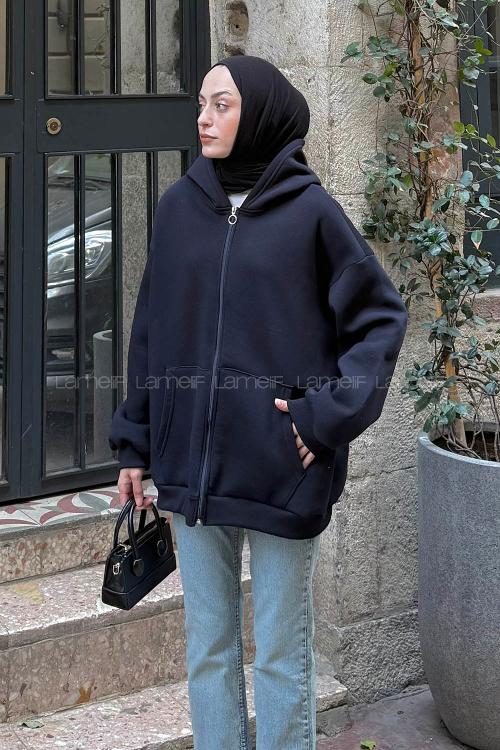 Lamelif Ön Fermuarlı Düz Sweatshirt Lacivert