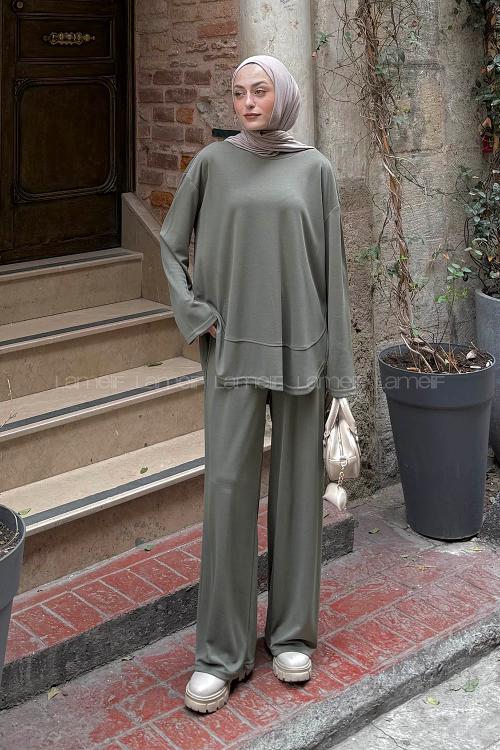 Lamelif Ön Parça Detaylı İkili Takım Haki