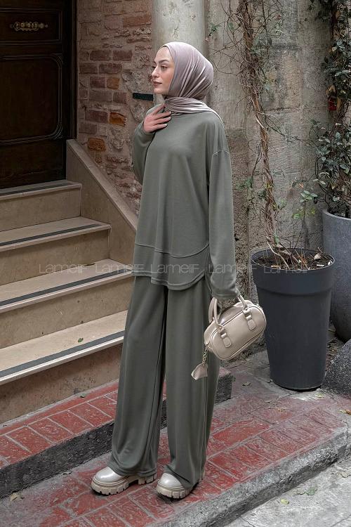 Lamelif Ön Parça Detaylı İkili Takım Haki