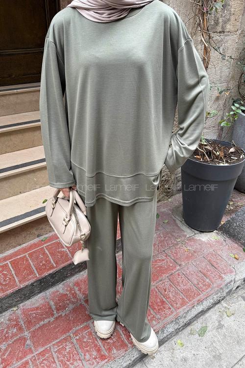 Lamelif Ön Parça Detaylı İkili Takım Haki