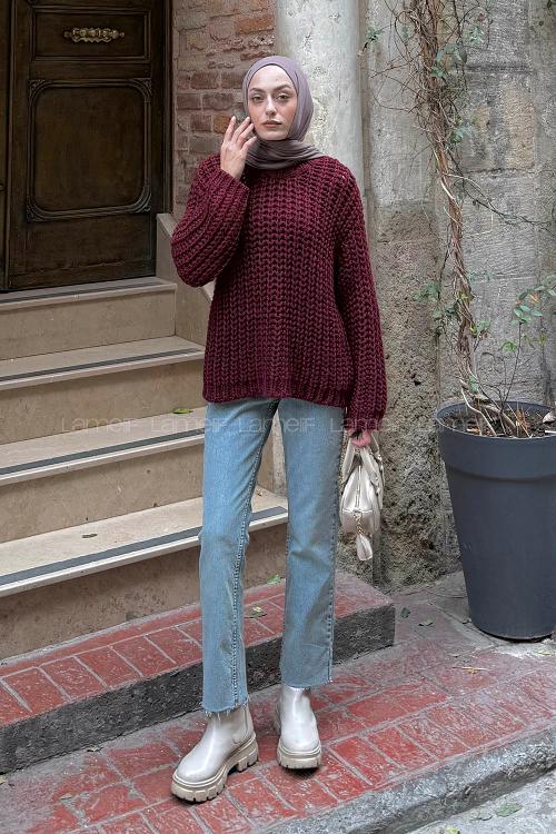 Lamelif Örgülü Kalın Kazak Bordo