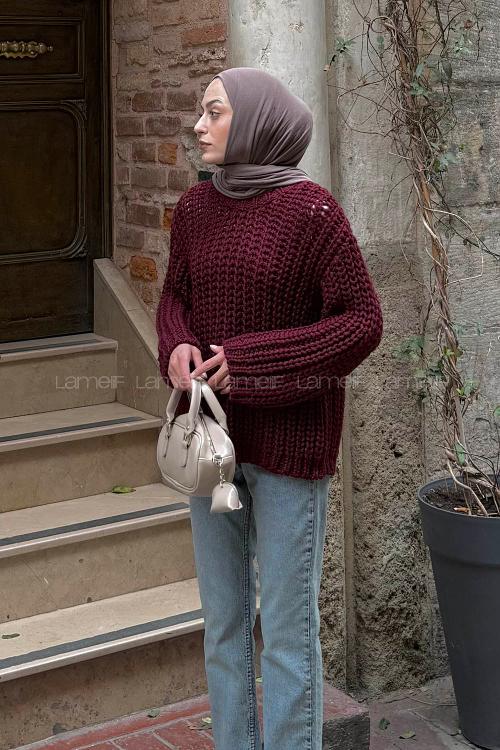Lamelif Örgülü Kalın Kazak Bordo