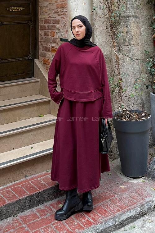 Lamelif Yarasa Kol Etekli Tesettür Takım Bordo