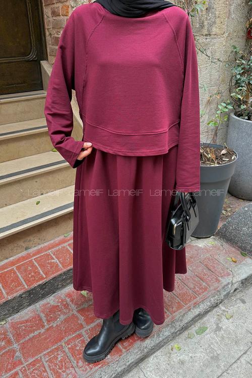 Lamelif Yarasa Kol Etekli Tesettür Takım Bordo