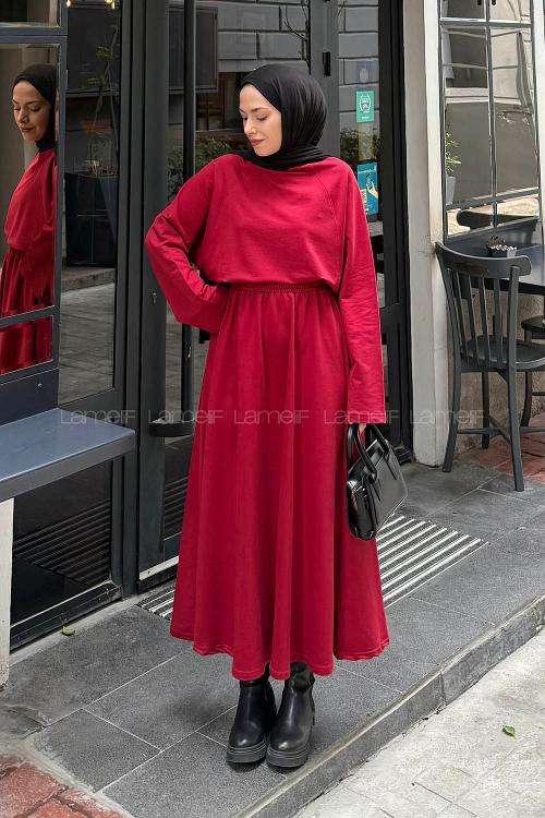 Lamelif Yarasa Kol Etekli Tesettür Takım Kırmızı
