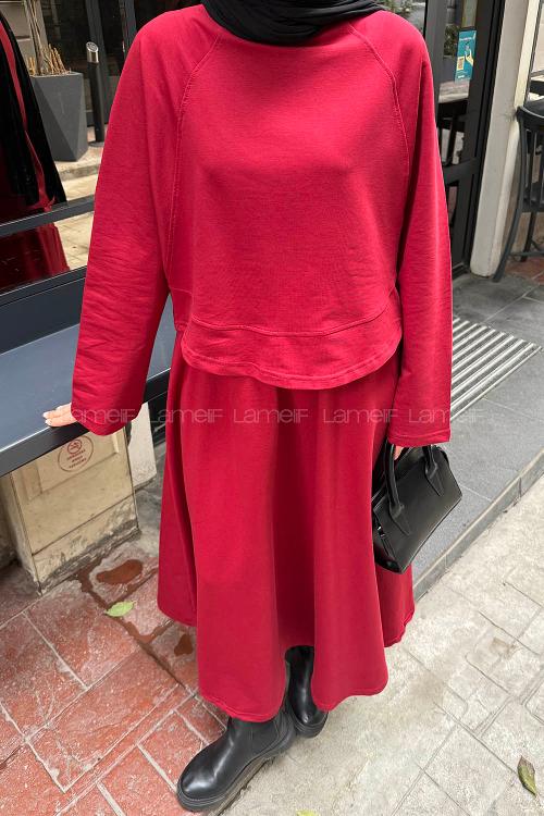 Lamelif Yarasa Kol Etekli Tesettür Takım Kırmızı