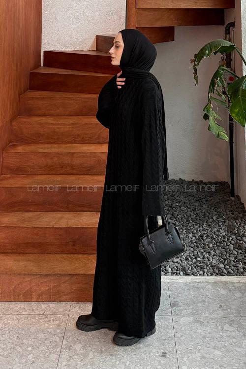 Lameli Örgü Desen Triko Elbise Siyah