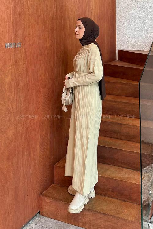 Beige Crew Neck Knitwear Dresess