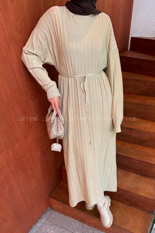 Beige Crew Neck Knitwear Dresess