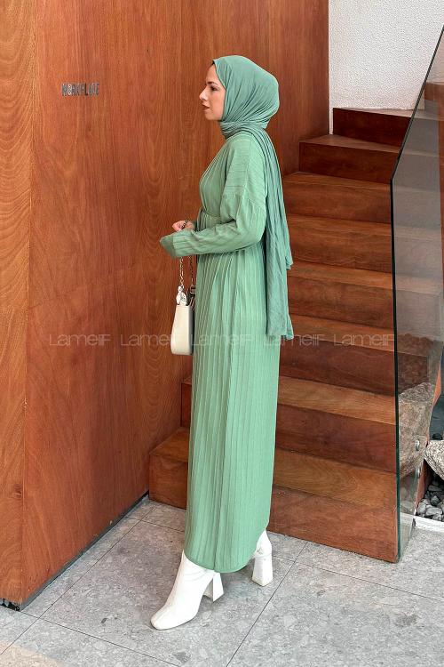 Green Crew Neck Knitwear Dresess