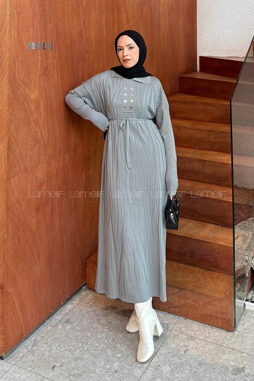 Gray Shirt Collar Cotton Fabric Dresess