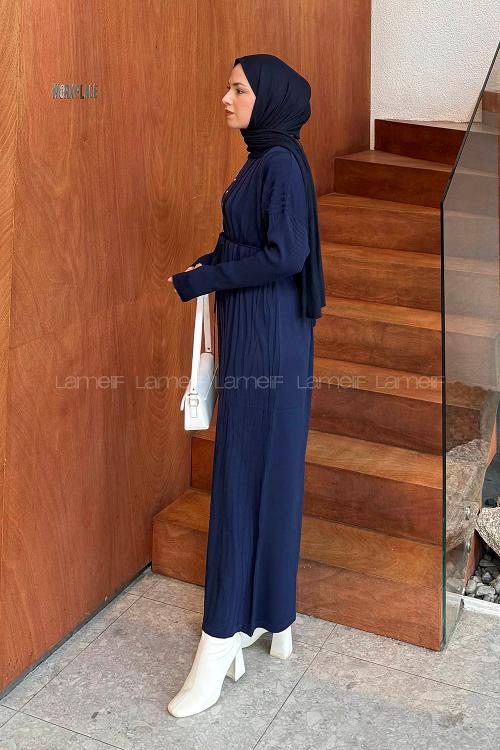 Lamelif Düğme Detaylı Desenli Elbise Lacivert