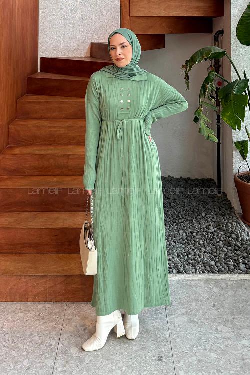 Green Shirt Collar Cotton Fabric Dresess